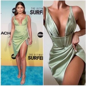 House Of CB Faye Satin Corset Dress Sage Green NWT